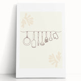 Large black and white stretched canvas of kitchen utensils, ideal for kitchen wall art.