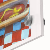 Large abstract wall art in vibrant hues on acrylic glass, ideal for dining room ambiance.