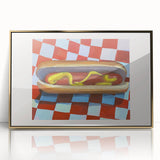 Large art print of abstract dishes in gold and white, framed acrylic, in a mid-century modernist style.