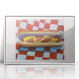 Art deco poster featuring geometric patterns in black and white, acrylic print framed in white.