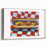 Landscape art painting featuring colorful hills on a black background, framed in silver.