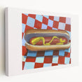 Large abstract kitchen art on stretched canvas featuring a side view of colorful, overlapping dishes.