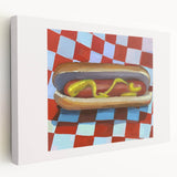 Large abstract kitchen art on stretched canvas featuring a side view of colorful, overlapping dishes.