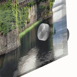 Close-up of a vibrant acrylic landscape artwork depicting a majestic castle surrounded by lush greenery, showcasing intricate details and vivid colors, perfect for home decor.