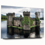 Acrylic glass artwork showcasing a stunning landscape with a medieval castle, featuring vibrant colors and intricate details, displayed from a side view without pins. Ideal for home decor or art enthusiasts.