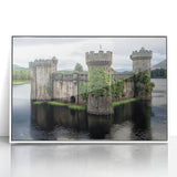 Framed acrylic artwork showcasing a vibrant landscape of a majestic castle, set against a serene backdrop, with a sleek white frame enhancing its elegance.