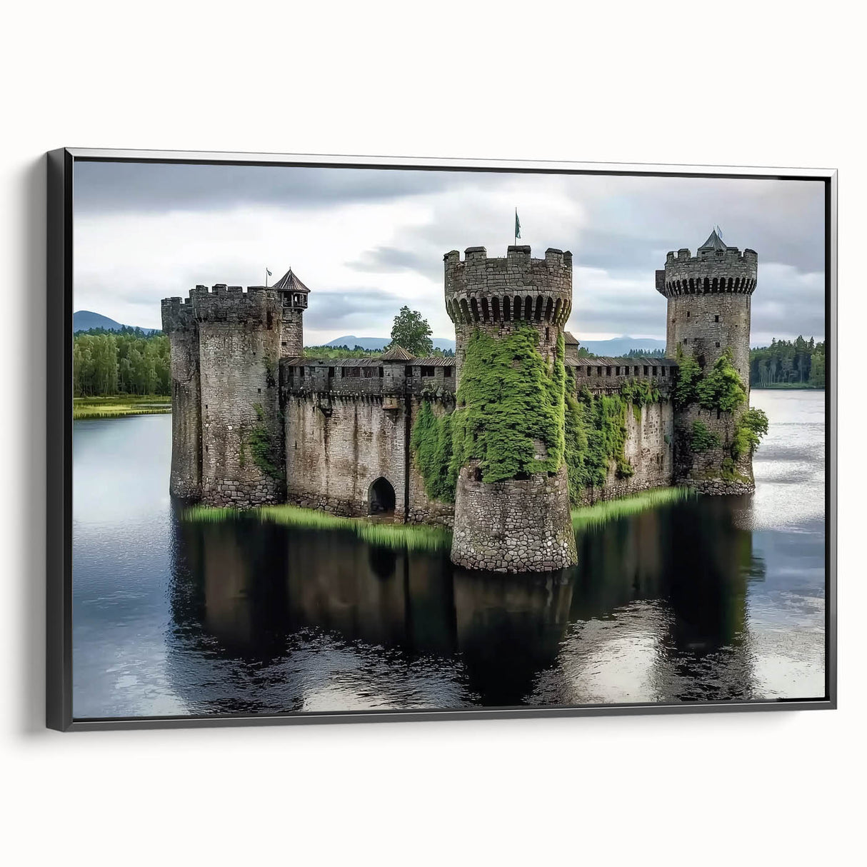 Framed canvas artwork showcasing a stunning landscape of a castle, featuring rich colors and intricate details, set against a black frame, ideal for home decor.