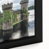 Close-up of a framed canvas artwork depicting a vibrant landscape with majestic castles, showcasing intricate details and rich colors ideal for home decor.