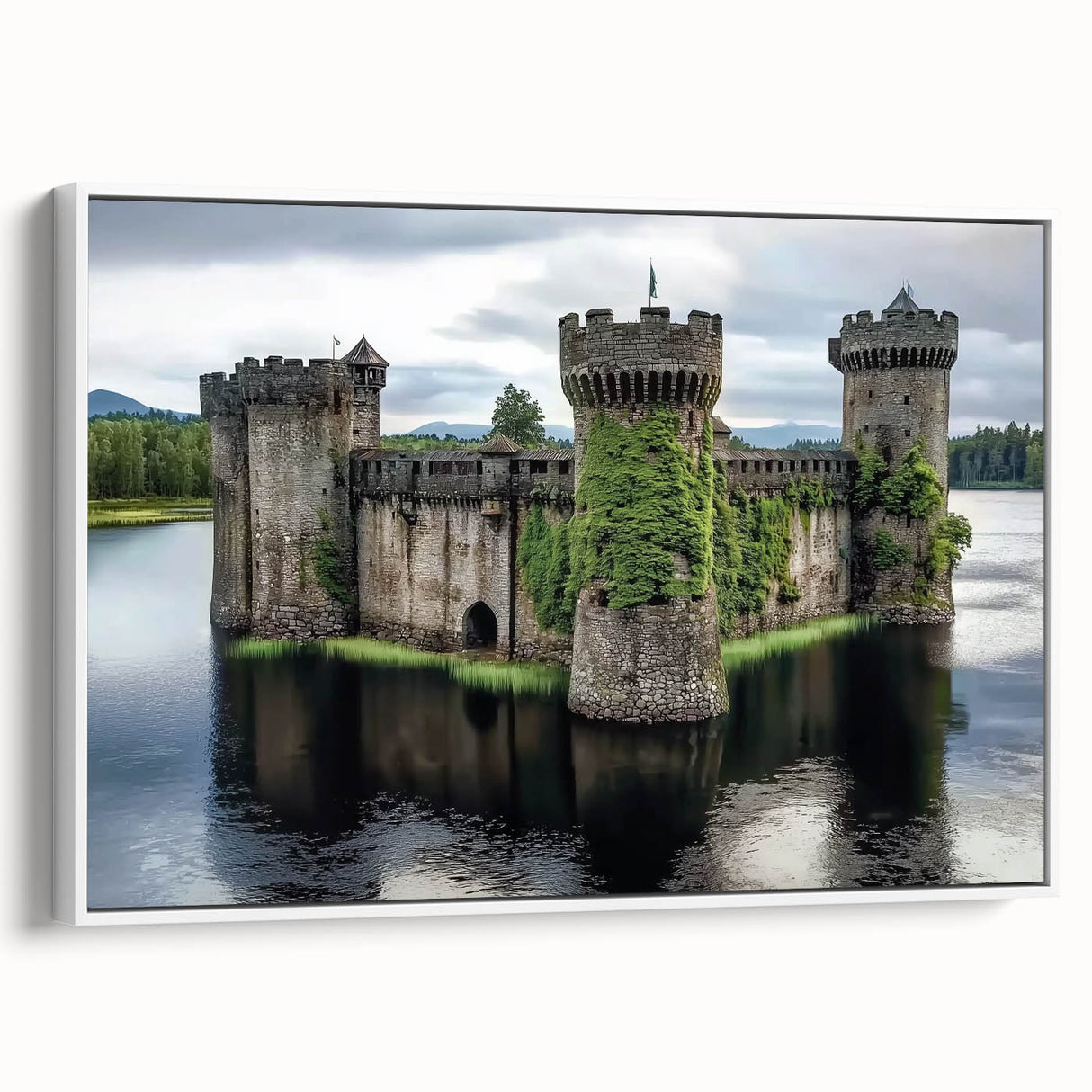 Framed canvas artwork showcasing a vibrant landscape with a medieval castle, featuring a white frame and side view display, ideal for home decor or inspiration.