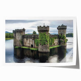 Rolled print showcasing a vibrant landscape of castles set against a serene sky, designed for home decor, presented in a protective cardboard tube.