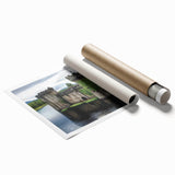 Rolled print showcasing a stunning landscape of a medieval castle surrounded by lush greenery and vibrant skies, ideal for home decor and art enthusiasts.