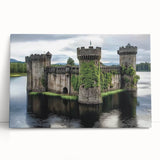 Stretched canvas artwork depicting a scenic landscape with a majestic castle surrounded by lush greenery, perfect for home decor and art enthusiasts.