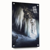 Acrylic glass artwork showcasing a vibrant landscape of caves, presented in a side view with decorative pins, ideal for modern home decor and art enthusiasts.