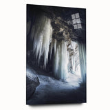 Acrylic landscape wall art design showcasing a stunning cave view, featuring vibrant colors and intricate details, elegantly displayed in a side profile without pins.