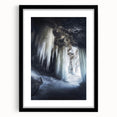 Framed landscape artwork depicting a serene cave scene, featuring a black mat and sleek design, perfect for modern home decor. Ideal for nature lovers seeking tranquility.