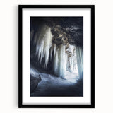Framed landscape artwork depicting a serene cave scene, featuring a black mat and sleek design, perfect for modern home decor. Ideal for nature lovers seeking tranquility.