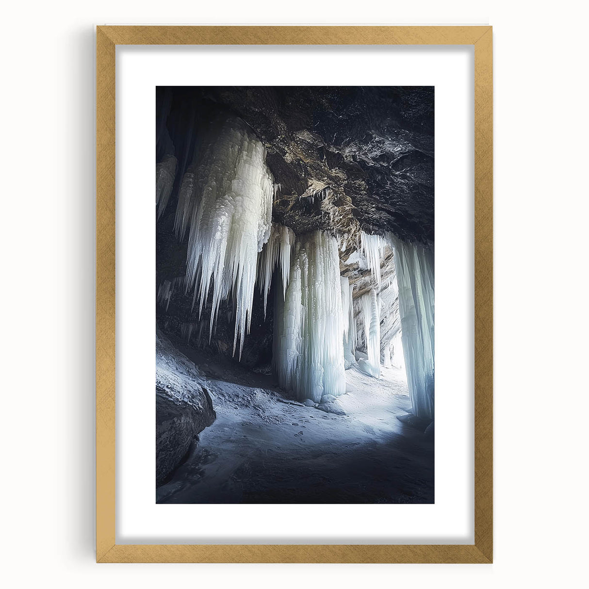 Framed landscape artwork depicting a serene cave scene with a gold mat and ornate frame, perfect for enhancing home decor with a touch of elegance.