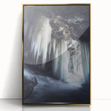 Framed acrylic artwork showcasing a vibrant landscape with cave formations, featuring a gold border that enhances its elegance, ideal for modern decor.