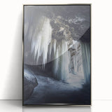 Framed acrylic artwork depicting a stunning landscape with intricate cave details, featuring a sleek silver border that enhances its modern aesthetic. Perfect for home decor.