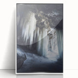 Framed acrylic artwork showcasing a vibrant landscape with intricate cave formations, set in a sleek white frame, ideal for modern home decor.