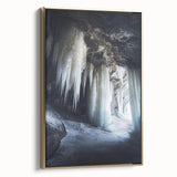 Framed canvas artwork showcasing a landscape design featuring intricate cave formations, accented with a luxurious gold frame, ideal for enhancing home decor.