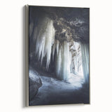 Framed canvas artwork showcasing a stunning landscape with intricate cave details, elegantly bordered in silver, perfect for enhancing home decor and art collections.