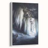 Framed canvas artwork showcasing a scenic landscape with caves, displayed from a side view against a white backdrop, ideal for home decor.