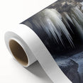 Rolled canvas artwork showcasing a vibrant landscape scene with intricate cave formations and earthy tones, expertly packaged in a protective cardboard tube for safe delivery.