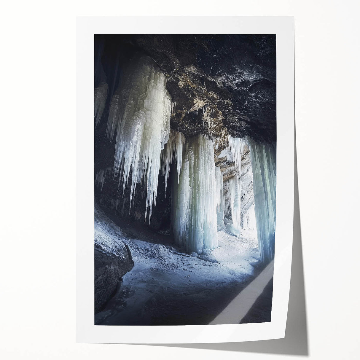 Rolled print showcasing intricate cave landscape artwork, featuring earthy tones and detailed textures, perfect for enhancing interior decor or art collections.