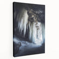 Stretched canvas artwork depicting a serene landscape with caves, showcasing earthy tones and intricate details, perfect for home decor or art enthusiasts.