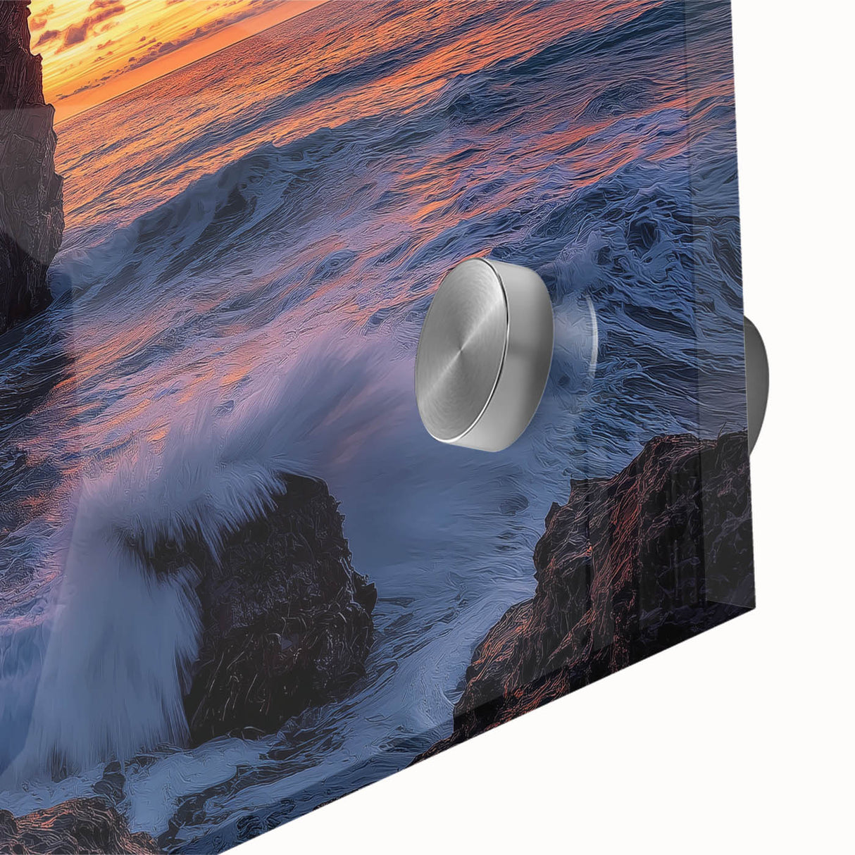 Close-up of a vibrant acrylic glass artwork showcasing a dramatic cliff landscape, highlighting rich colors and intricate textures, ideal for modern home decor.