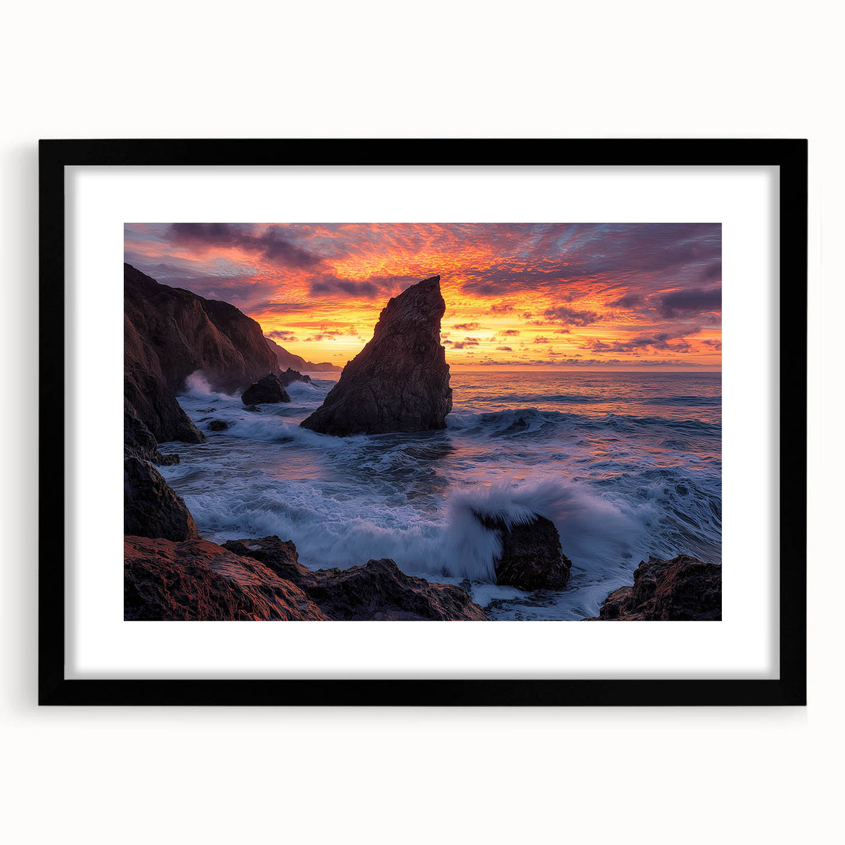 Framed landscape print showcasing dramatic cliffs and a serene sky, set in a sleek black matting that enhances the artwork's colors and depth. Perfect for modern home decor.