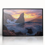 Framed acrylic wall art depicting a dramatic cliff landscape with vibrant colors and intricate details, set against a sleek black frame, perfect for modern decor.