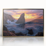 Framed acrylic artwork showcasing a dramatic landscape of cliffs bathed in golden hues, ideal for modern decor. Perfect for enhancing home or office aesthetics.