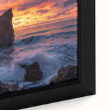 Close-up of a framed canvas artwork depicting vibrant cliffs and dramatic landscapes, showcasing rich colors and intricate textures, perfect for home decor.
