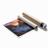Stunning landscape print showcasing dramatic cliffs and vibrant colors, rolled and securely packaged in a cardboard tube for easy display and protection. Perfect for home decor enthusiasts seeking nature-inspired art pieces.