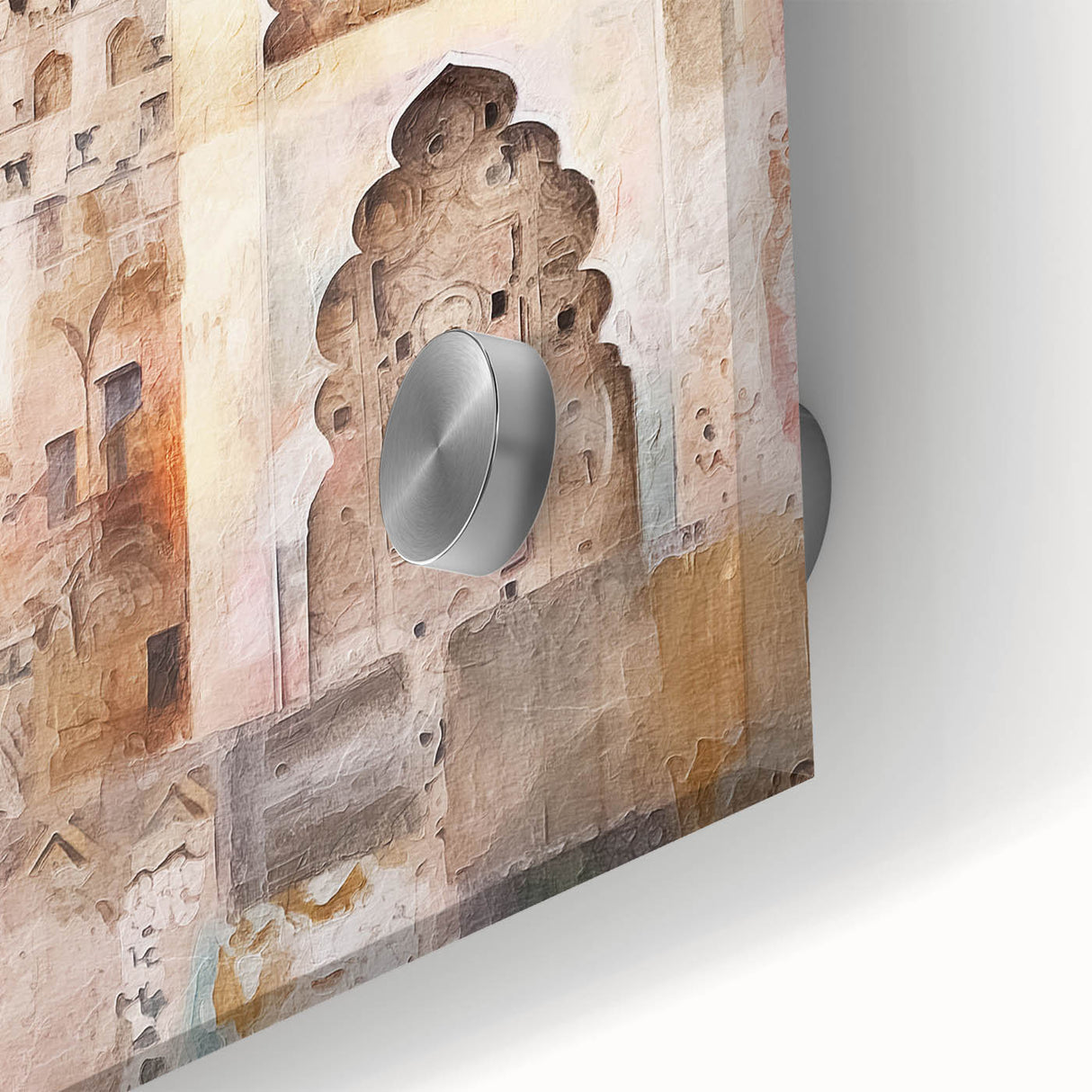 Close-up of modern abstract architecture wall art created on acrylic glass, showcasing vibrant colors and intricate geometric patterns, perfect for contemporary decor.