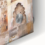 Close-up of modern abstract architecture wall art created on acrylic glass, showcasing vibrant colors and intricate geometric patterns, perfect for contemporary decor.