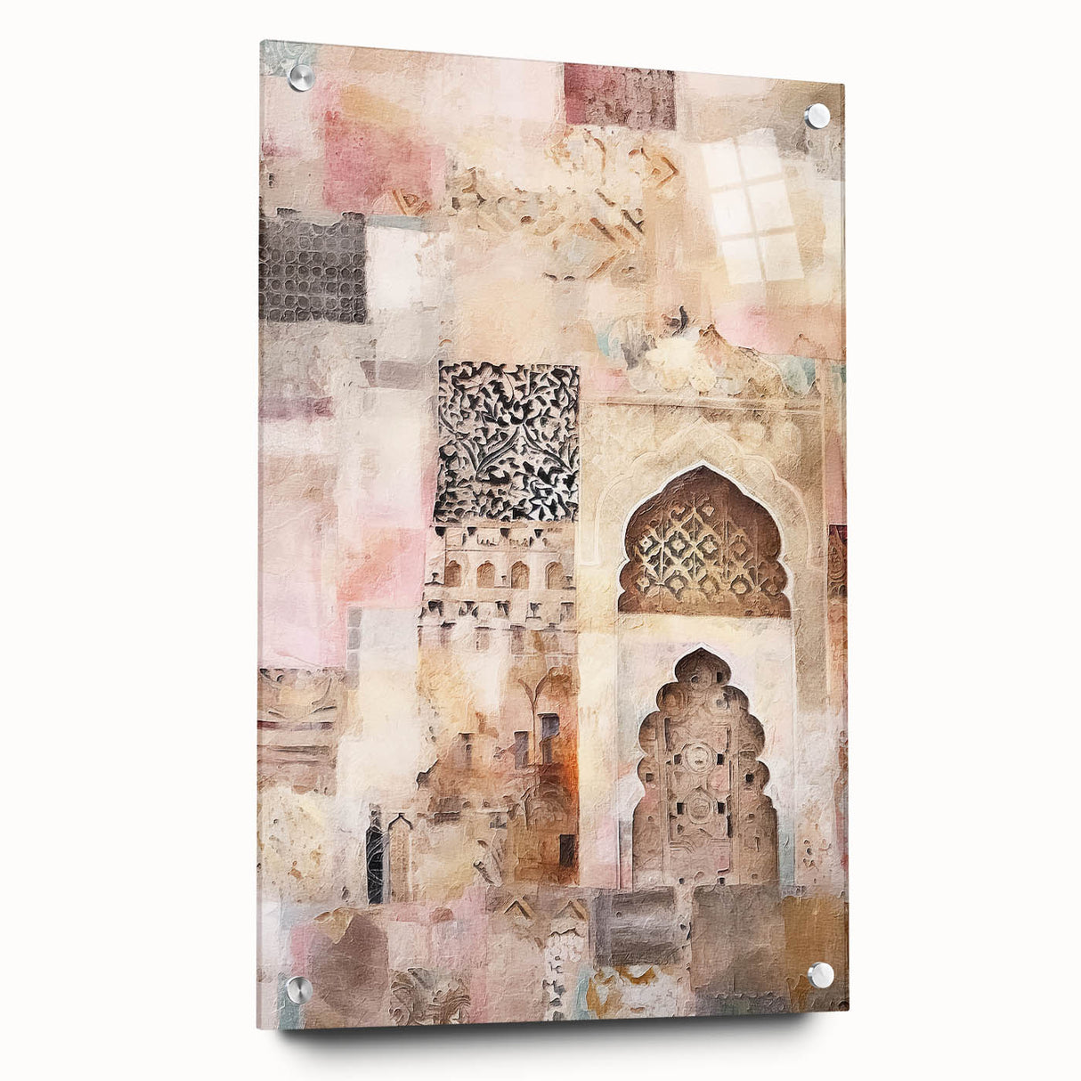 Abstract architectural wall art displayed in a sleek acrylic frame, showcasing vibrant colors and intricate geometric patterns, ideal for modern home decor.
