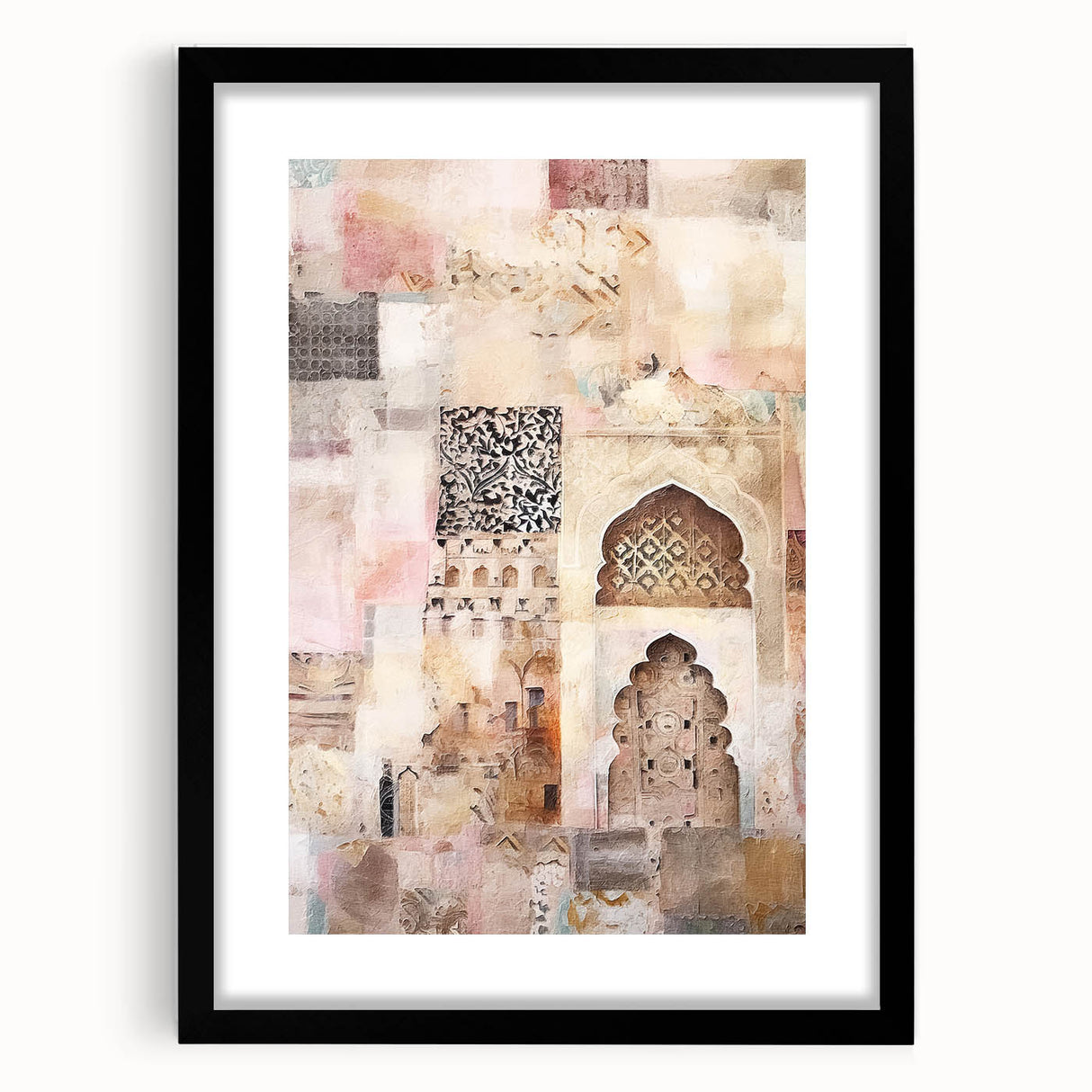 Abstract architectural wall art framed in black with a white mat, showcasing geometric shapes and lines, ideal for modern home decor. This striking piece adds a contemporary touch to any interior space.