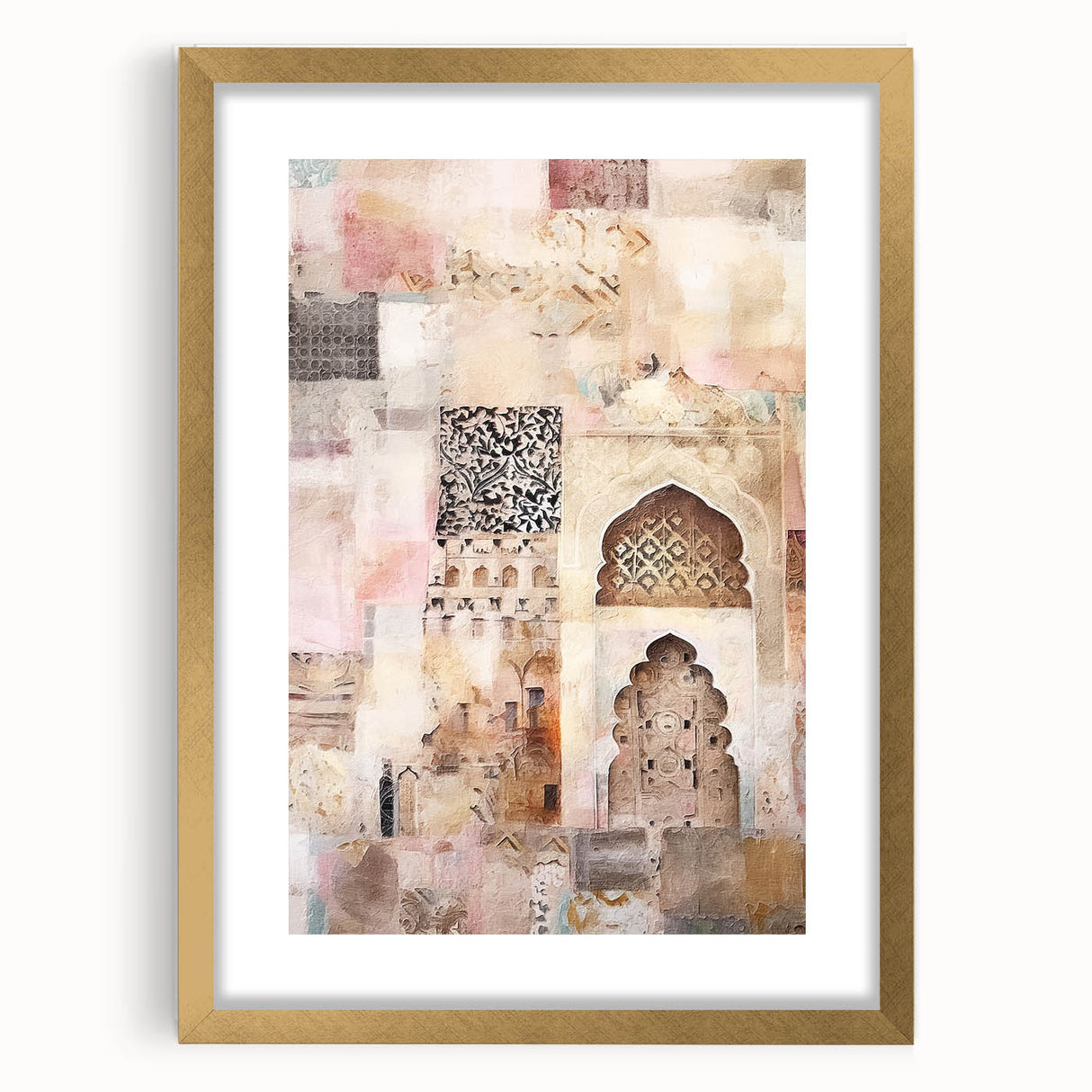 Abstract architectural wall art framed in gold with a mat, showcasing intricate geometric designs and modern aesthetics, ideal for contemporary home decor.