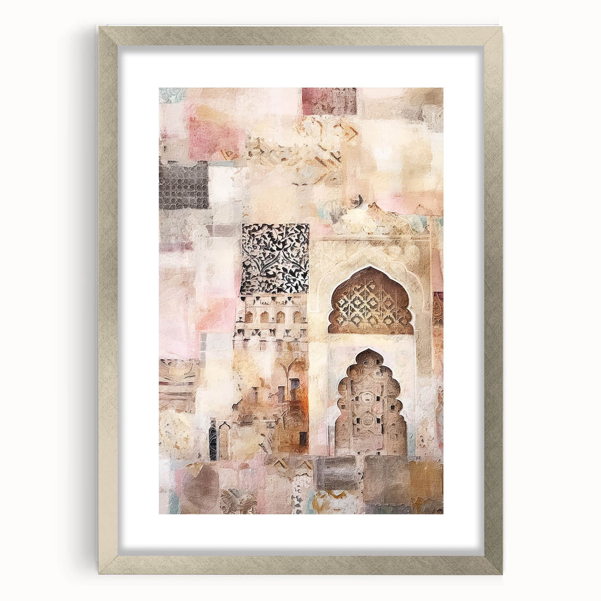 Abstract architecture wall art framed in silver with a mat, showcasing geometric patterns and a contemporary design, perfect for modern home decor.