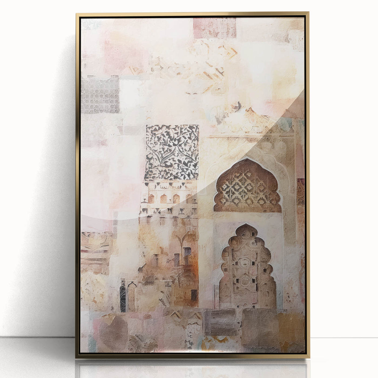 Framed abstract architecture wall art in gold acrylic, showcasing a modern design with geometric shapes and textures, perfect for contemporary home decor.