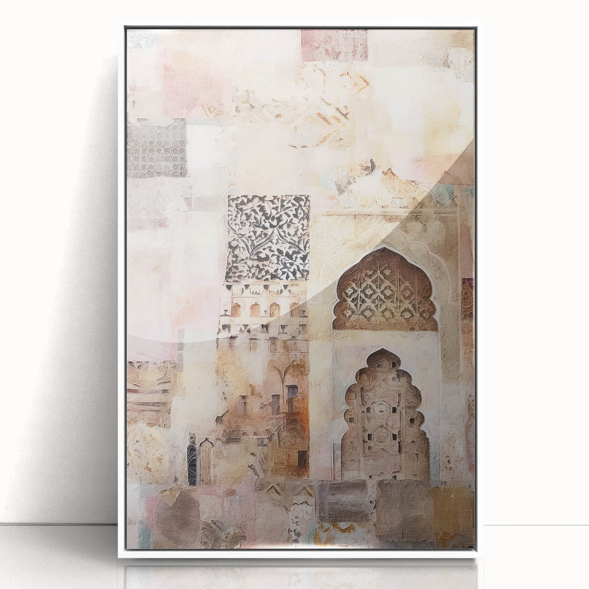 Framed abstract architecture wall art in white acrylic, showcasing geometric shapes and sleek lines, perfect for modern home decor. Ideal for enhancing contemporary interiors with a touch of sophistication.