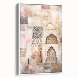 Framed canvas wall art showcasing a modern abstract architectural design in shades of white and grey, perfect for contemporary interior decor.