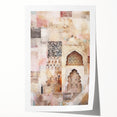 Abstract architectural wall art print showcasing geometric shapes in shades of blue and gray, rolled up for easy transport and storage in a protective tube.