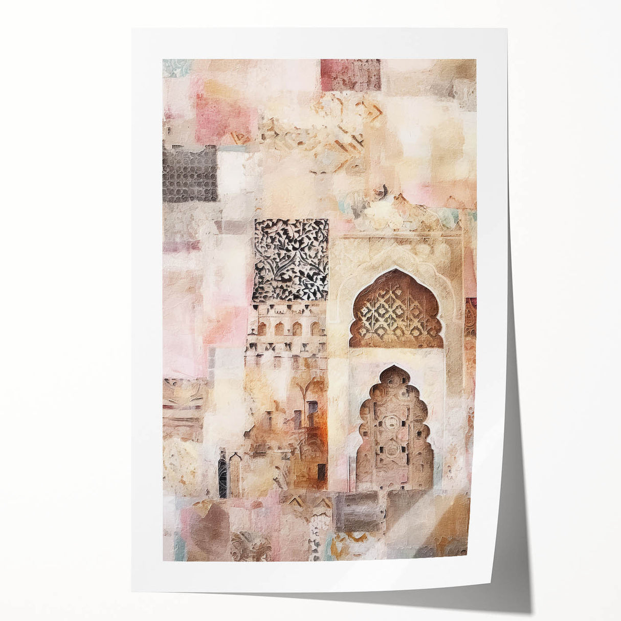 Abstract architectural wall art print showcasing geometric shapes in shades of blue and gray, rolled up for easy transport and storage in a protective tube.