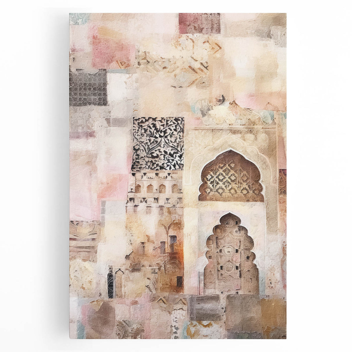 Abstract architecture wall art on stretched canvas showcases a modern design featuring geometric shapes in earthy tones, perfect for contemporary home decor.