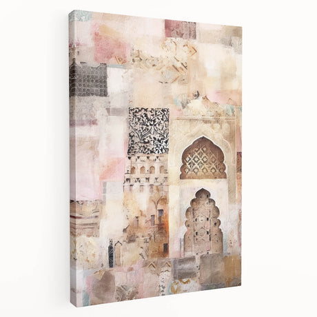Abstract architectural wall art on stretched canvas, showcasing modern geometric patterns in vibrant colors, ideal for contemporary home decor. The side view emphasizes its textured surface and gallery-ready presentation for stylish interiors.