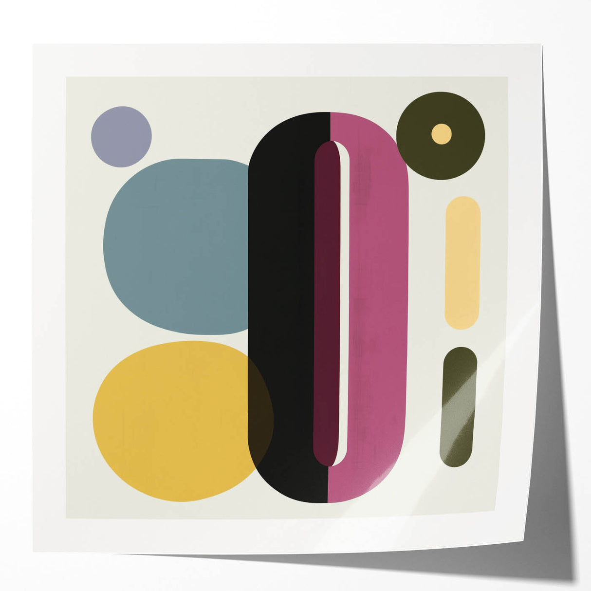 Abstract geometric design print featuring vibrant colors and sharp angles, displayed in a glossy photo print mockup, ideal for modern home decor.